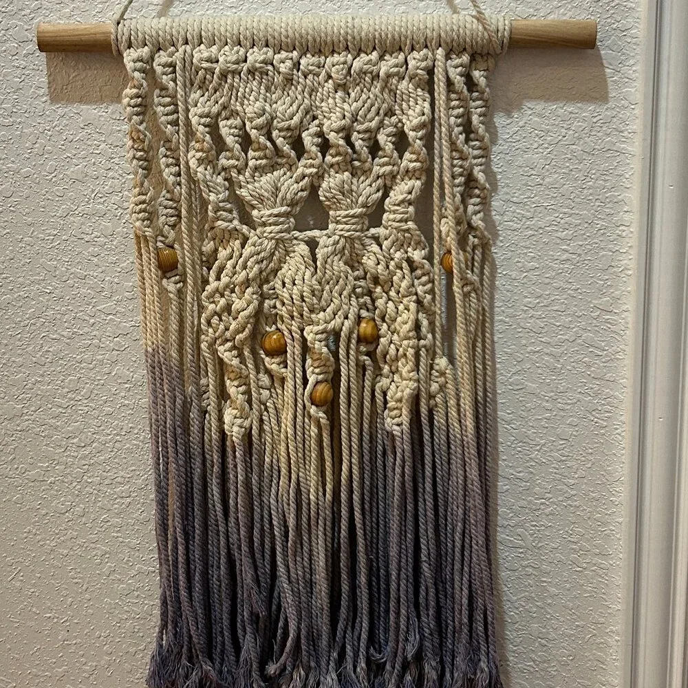 Purple Cream Ombre Wall Art Hanging Macrame Wood Beads Bohemian Woven